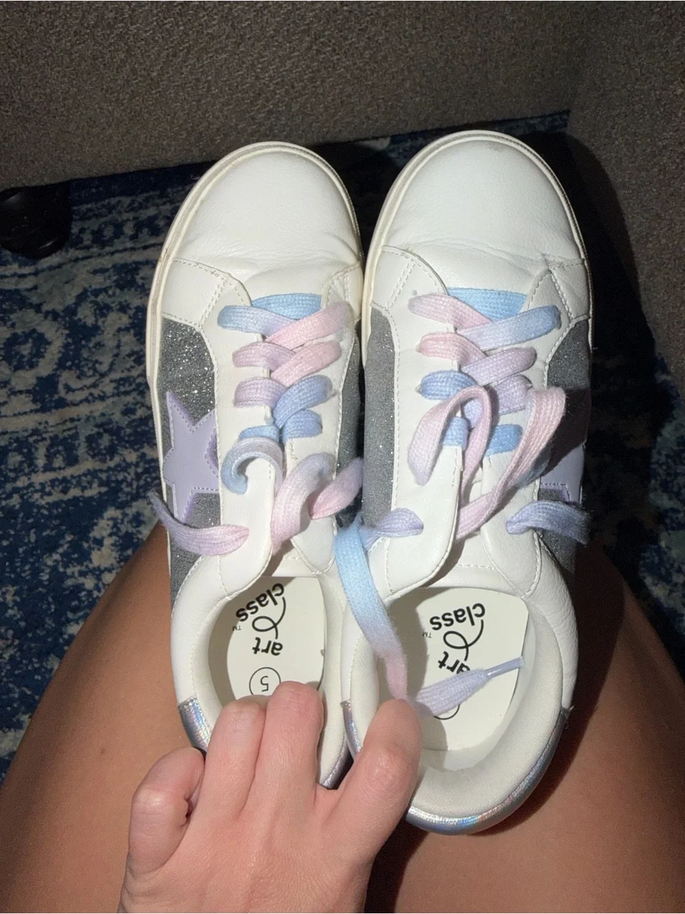 Kids White Sneakers with Pastel Pink & Blue Accents and Silver Star Panel